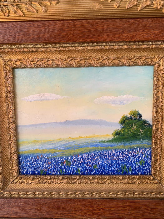 SIGNED WILLIAM LEWIS BLUEBONNET BONNET OIL PAINTING ON BOARD