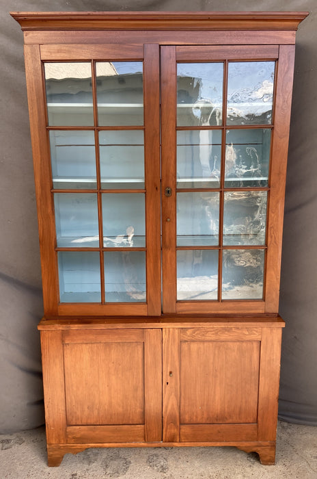 STEP BACK COVER WAVY GLASS CUPBOARD WITH PINE BASE AND CHERRY TOP