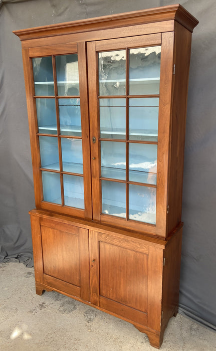 STEP BACK COVER WAVY GLASS CUPBOARD WITH PINE BASE AND CHERRY TOP