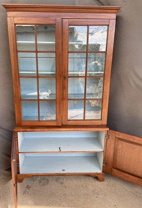 STEP BACK COVER WAVY GLASS CUPBOARD WITH PINE BASE AND CHERRY TOP