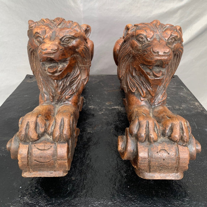 PAIR OF CARVED FRENCH OAK LIONS