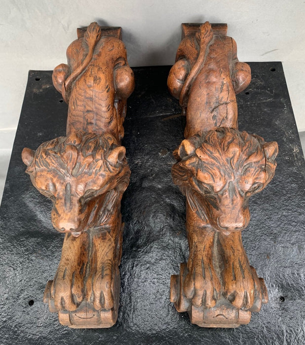 PAIR OF CARVED FRENCH OAK LIONS