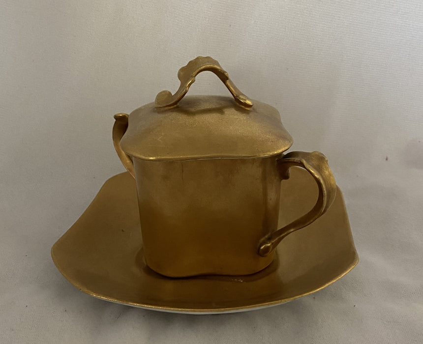 FRENCH GOLD PAINTED SQUARE SHAPED SUGAR WITH SAUCER