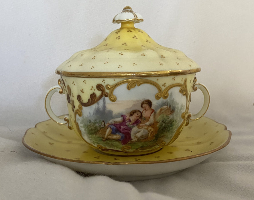 GERMAN HAND-PAINTED YELLOW SUGAR WITH LOVERS AND SAUCER