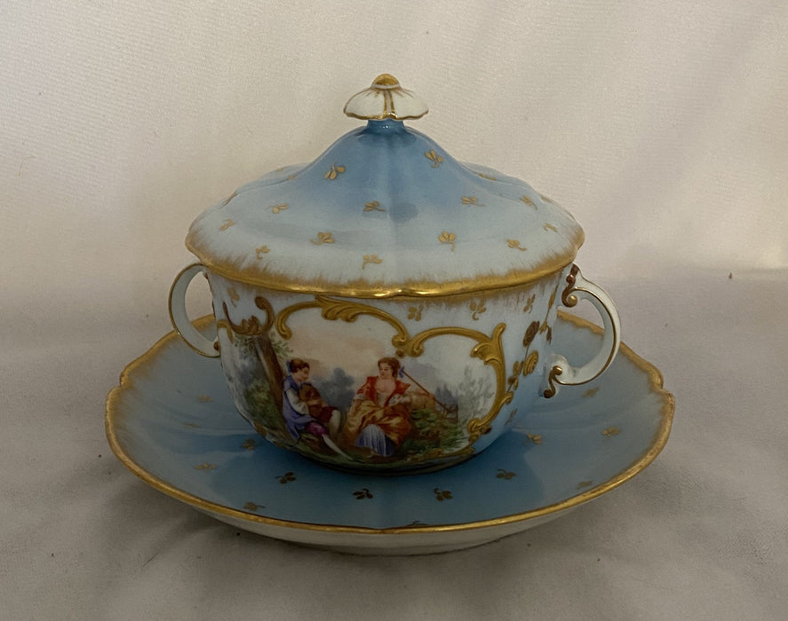 GERMAN HAND-PAINTED BLUE SUGAR WITH LOVERS AND SAUCER