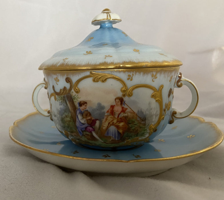 GERMAN HAND-PAINTED BLUE SUGAR WITH LOVERS AND SAUCER