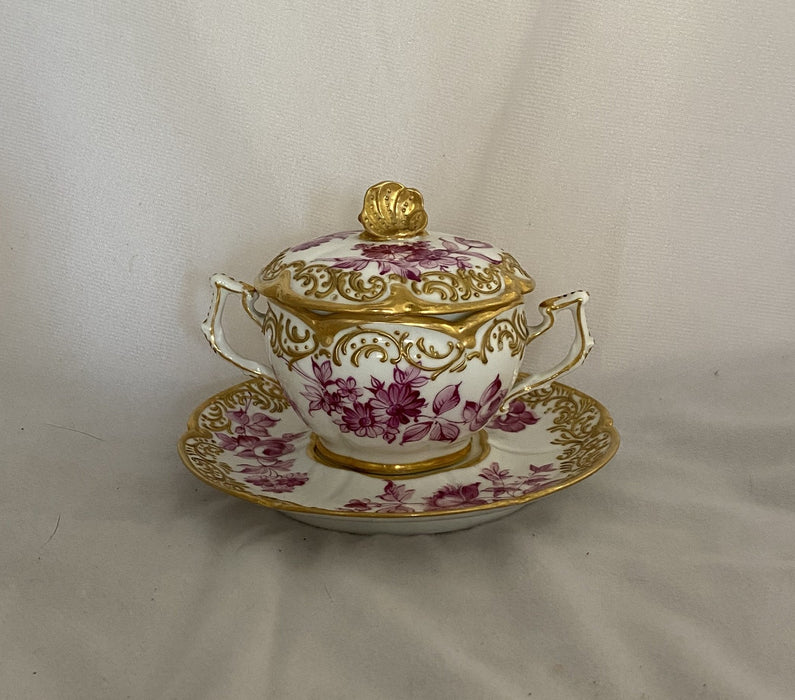 WHITE SUGAR WITH PINK FLOWERS AND GOLD WITH SHELL HANDLE AND SAUCER