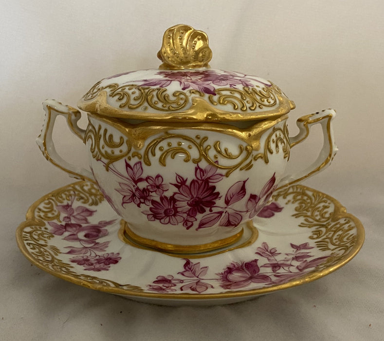 WHITE SUGAR WITH PINK FLOWERS AND GOLD WITH SHELL HANDLE AND SAUCER