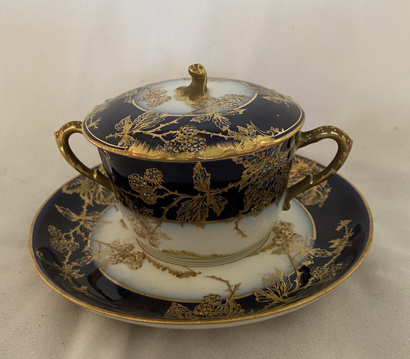 'TYNDALE AND MITCHELL' FRENCH BLUE AND GOLD SUGAR WITH SAUCER