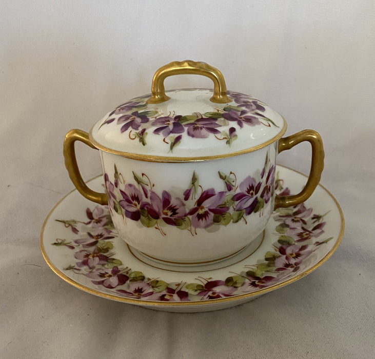 WHITE 'AK' SUGAR WITH PURPLE FLOWERS AND GOLD HANDLES WITH SAUCER