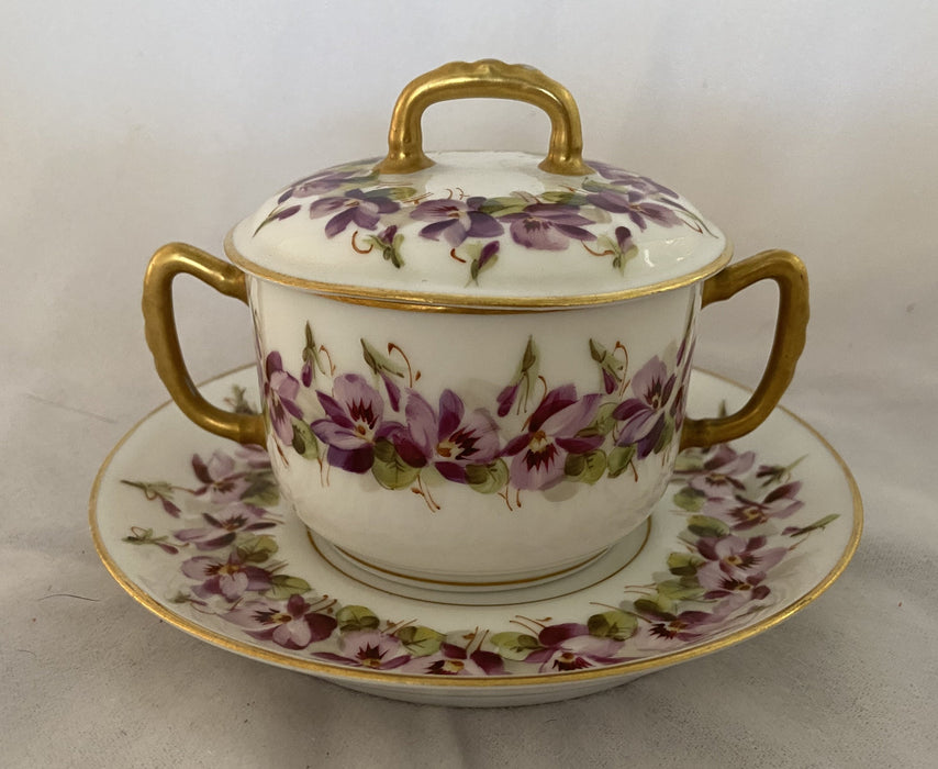 WHITE 'AK' SUGAR WITH PURPLE FLOWERS AND GOLD HANDLES WITH SAUCER
