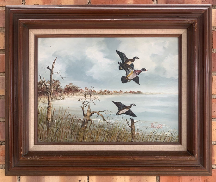 OIL PAINTING OF MALLARDS FLYING BY B. HEARD