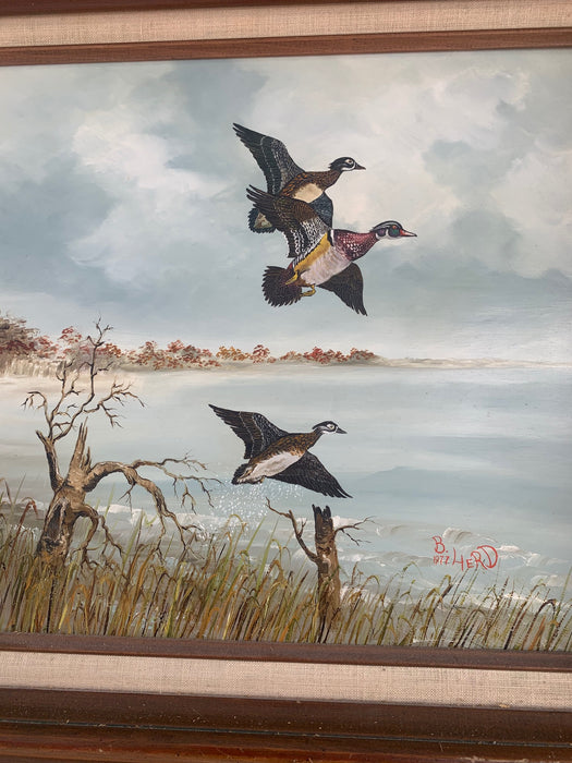 OIL PAINTING OF MALLARDS FLYING BY B. HEARD