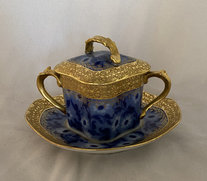 (CHIPPED) SQUARE 'WG & CO' SUGAR WITH COBALT FLOWERS AND GOLD OUTLINE WITH SAUCER