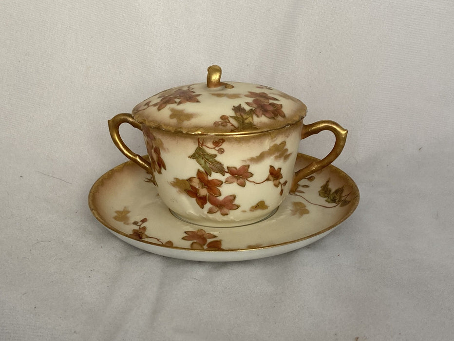 'TYNDALE AND MITCHELL' PALE SUGAR WITH GOLD AND ORANGE FLOWERS WITH SAUCER