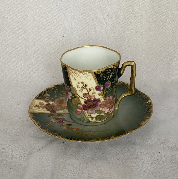 GREEN DEMITASSE WITH PURPLE AND PINK FLOWERS AND SAUCER