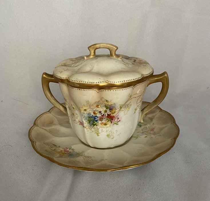 HAND-PAINTED WHITE AND GOLD FLORAL 'DOULTON BURSLEM' ENGLISH SUGAR WITH SAUCER