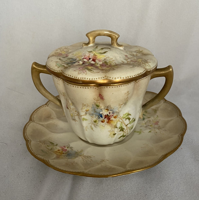 HAND-PAINTED WHITE AND GOLD FLORAL 'DOULTON BURSLEM' ENGLISH SUGAR WITH SAUCER