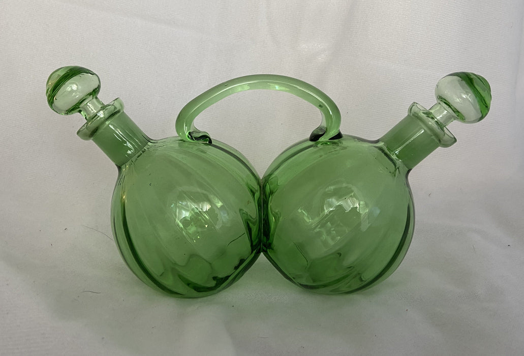 As found HAND BLOWN GREEN GLASS OIL AND VINEGAR BOTTLES WITH STOPPERS