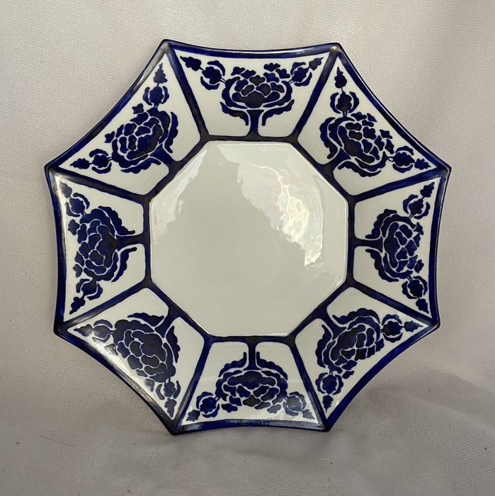 WHITE AND BLUE OCTAGONAL SHAPED PLATE
