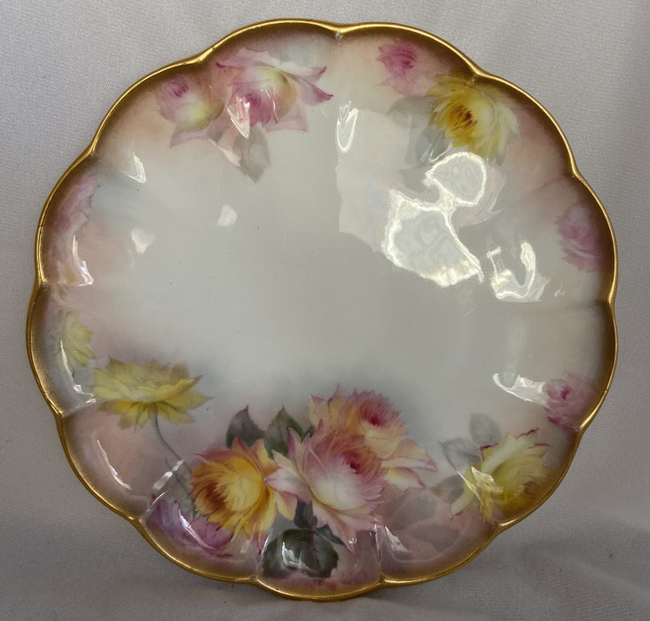 WHITE ENGLISH CRESCENT PLATE WITH YELLOW AND PINK FLOWERS