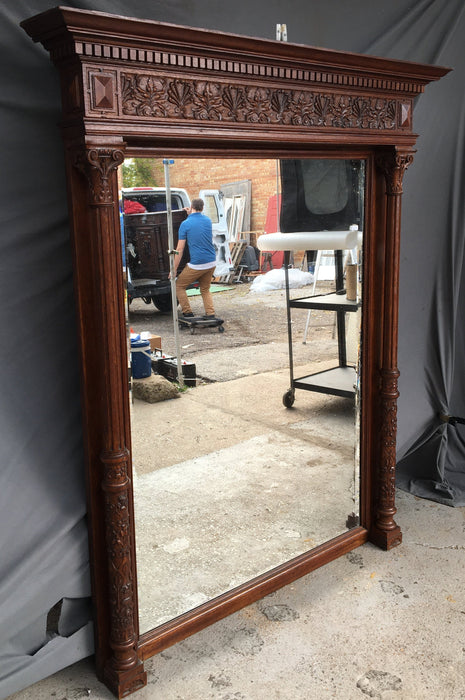 LARGE OAK OVER MANTLE MIRROR WITH COLUMNS