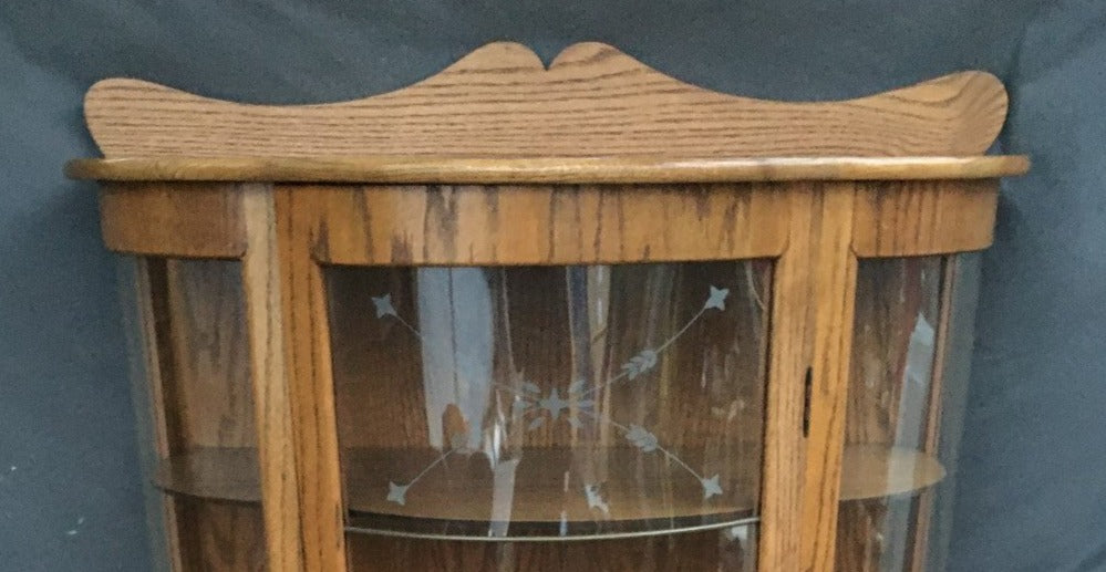 AMERICAN OAK CURVED GLASS CURIO CABINET-THIN CRACK IN BOTTOM RIGHT GLASS