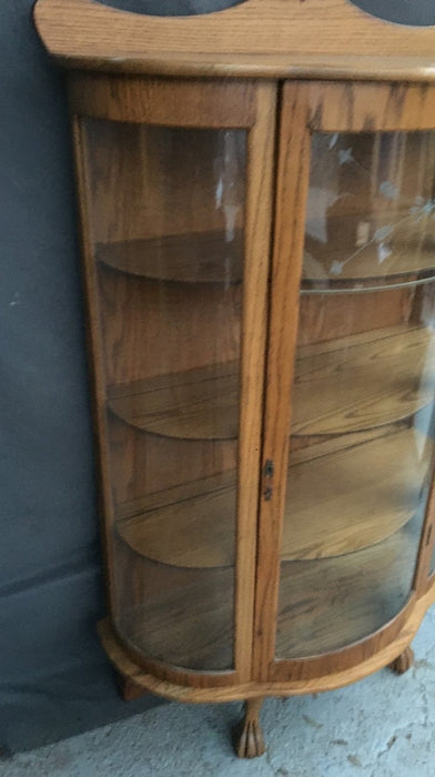 AMERICAN OAK CURVED GLASS CURIO CABINET-THIN CRACK IN BOTTOM RIGHT GLASS
