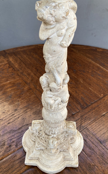 WHITE ELECTRIFIED CARVED WOOD CANDLE STAND WITH CHERUBS