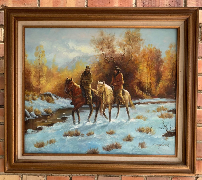 OIL PAINTING OF TEXAS SCENE WITH COWBOYS ON HORSES