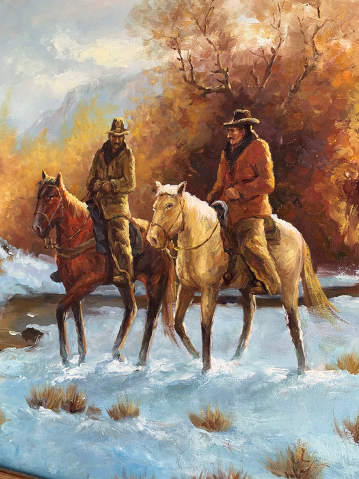 OIL PAINTING OF TEXAS SCENE WITH COWBOYS ON HORSES