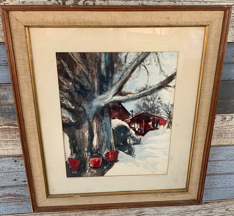 WATERCOLOR PAINTING OF SNOW SCENE WITH SAP BUCKETS SIGNED PRICE
