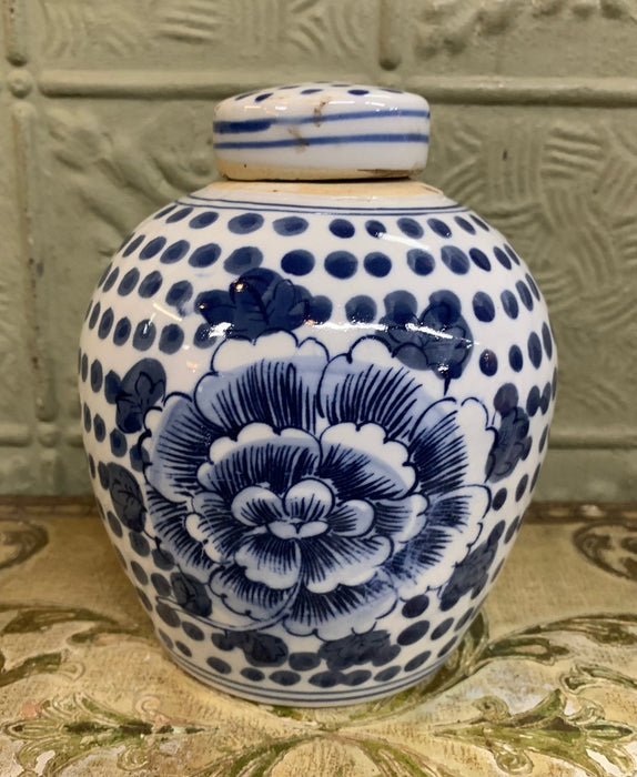 BLUE AND WHITE CHINESE GINGER JAR WITH FLORAL AND POLKA DOTS