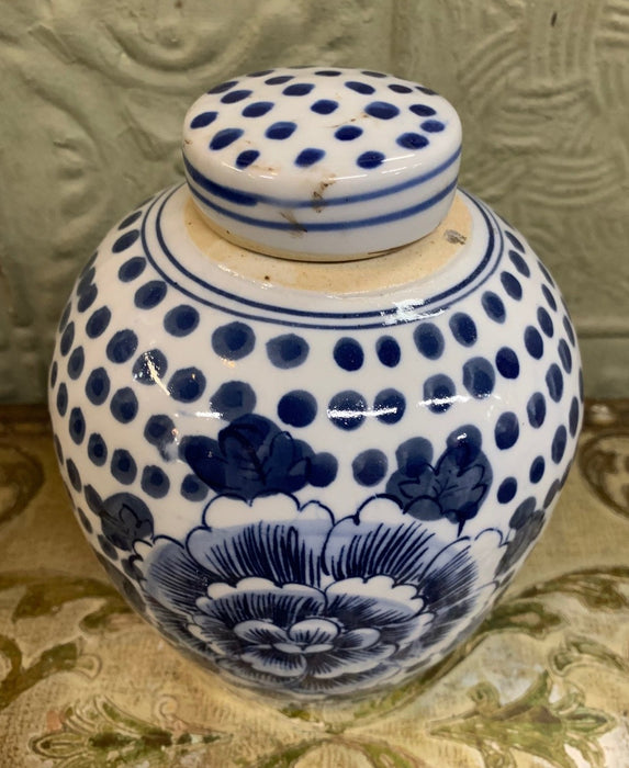 BLUE AND WHITE CHINESE GINGER JAR WITH FLORAL AND POLKA DOTS