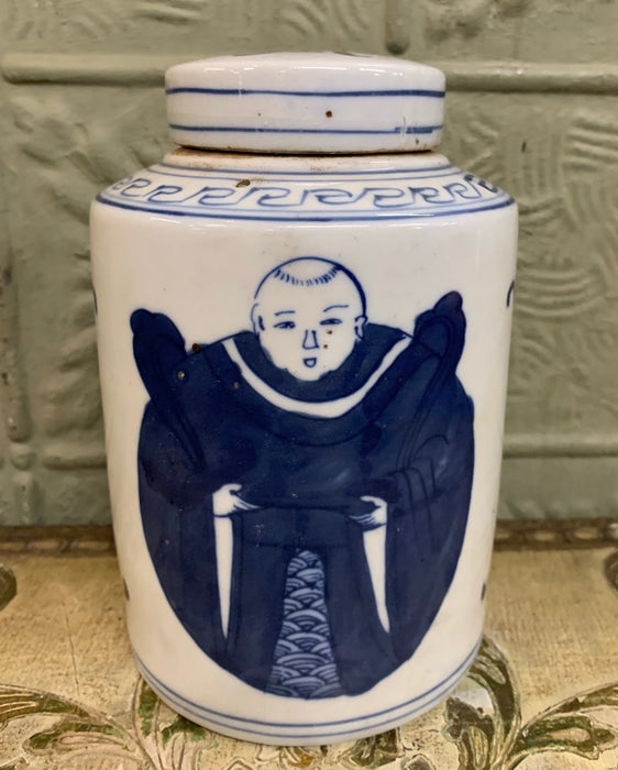 BLUE AND WHITE CHINESE GINGER JAR WITH MONKS