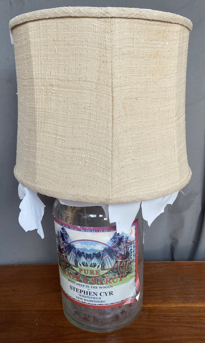 BLUE MAPLE SYRUP JAR TURNED INTO LAMP WITH BURLAP SHADE - AS IS