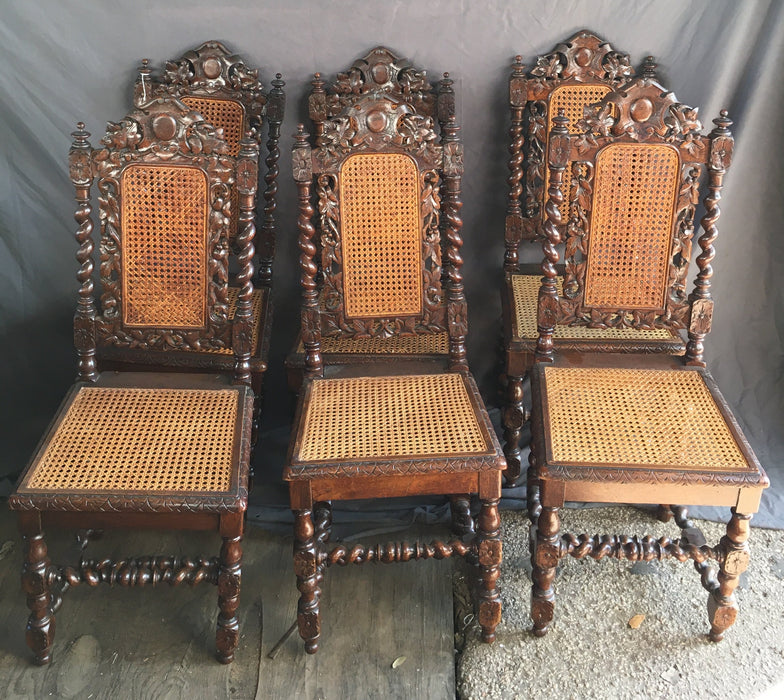 SET OF 6 LOUIS XIII BARLEY TWIST OAK CHAIRS WITH CARTOUCHE CROWN & CANE WOVEN SEAT AND BACK