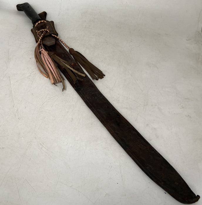 OLD CENTRAL AMERICAN MACHETE IN LEATHER SHEATH