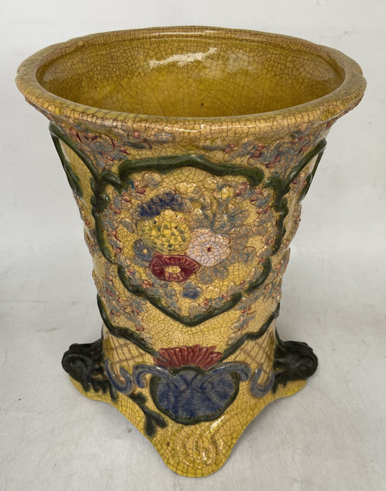 YELLOW FLORAL MAJOLICA UMBRELLA STAND