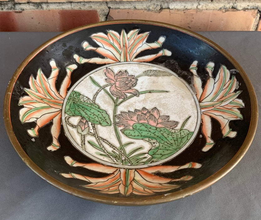 BRASS WRAPPED PORCELAIN CHINESE TRAY