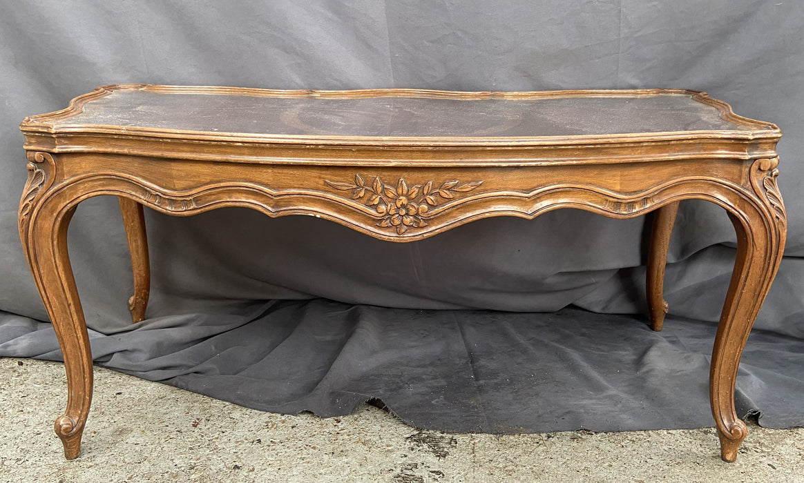 LOUIS XV STYLE LEATHER AND GLASS TOP COFFEE TABLE