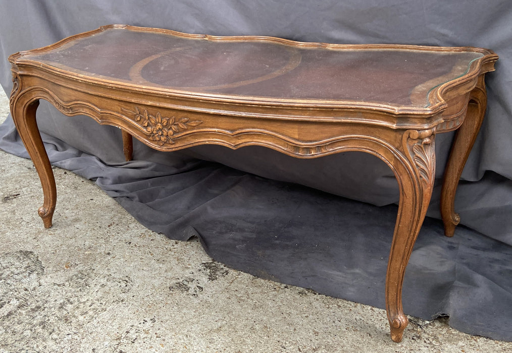 LOUIS XV STYLE LEATHER AND GLASS TOP COFFEE TABLE