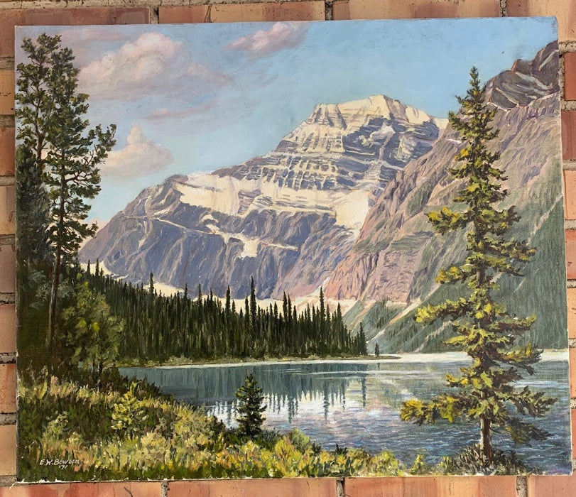 ALPINE LAKE OIL ON CANVAS PAINTING BY E.W. BOWDEN