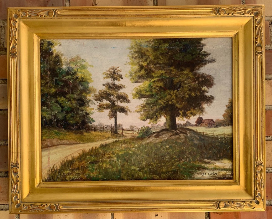 SIGNED TEXAS ARTIST CORLEY COUNTRY ROAD OIL PAINTING ON BOARD