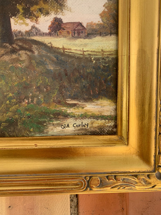 SIGNED TEXAS ARTIST CORLEY COUNTRY ROAD OIL PAINTING ON BOARD