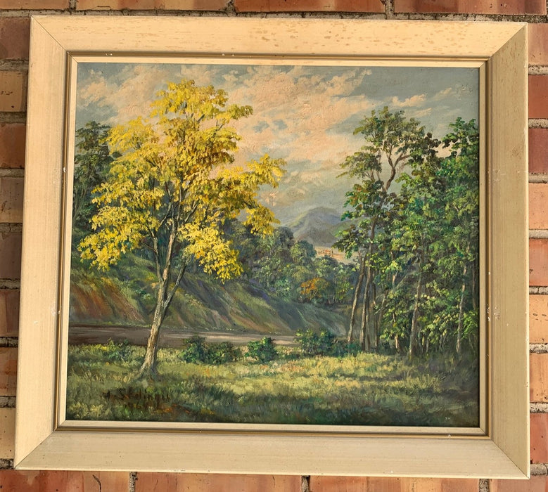 MOUNTAIN LANDSCAPE PAINTING WITH YELLOW TREE BY A. SKELINGIL