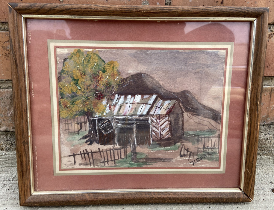 SMALL WATERCOLOR OF DELAPIDATED BARN SIGNED BY Y. CARR