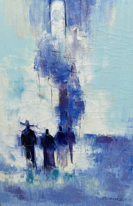 ABSTRACT OIL PAINTING OF DARK FIGURES WALKING SIGNED BY ROGUEZ