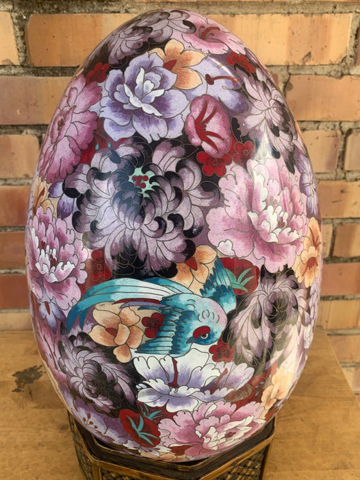 LARGE LAVENDER BLACK AND APRICOT CLOISONNE EGG