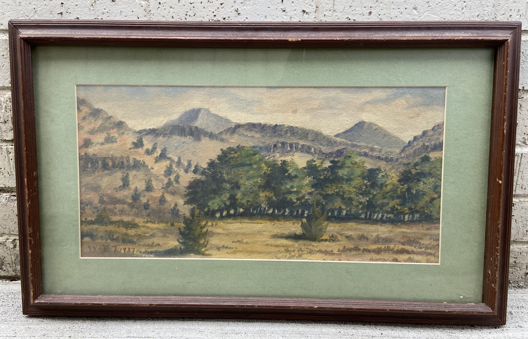 OIL PAINTING OF HILL COUNTRY WITH MOUNTAINS SIGNED 1937